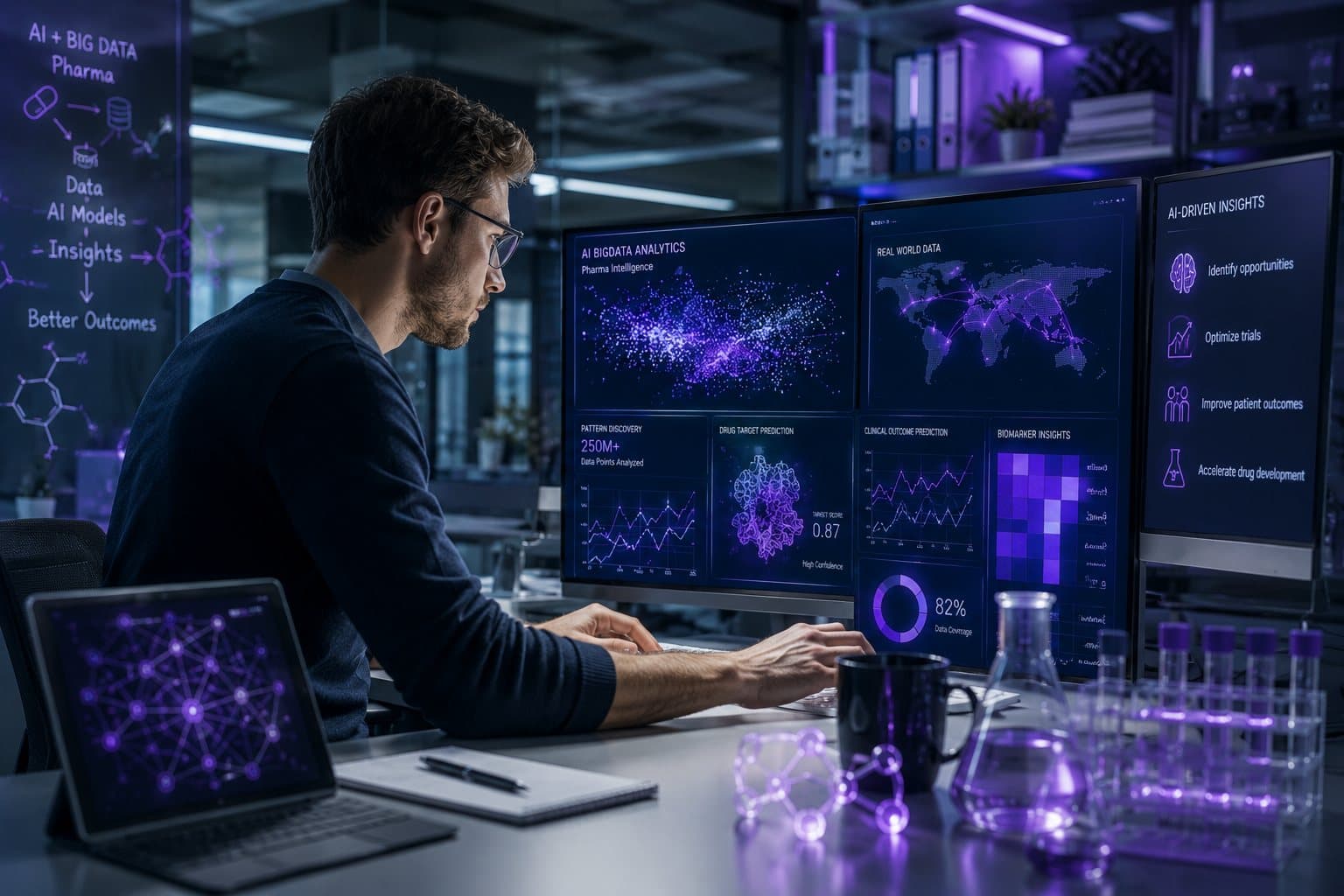 Data scientist analyzing pharma analytics dashboards on multiple monitors