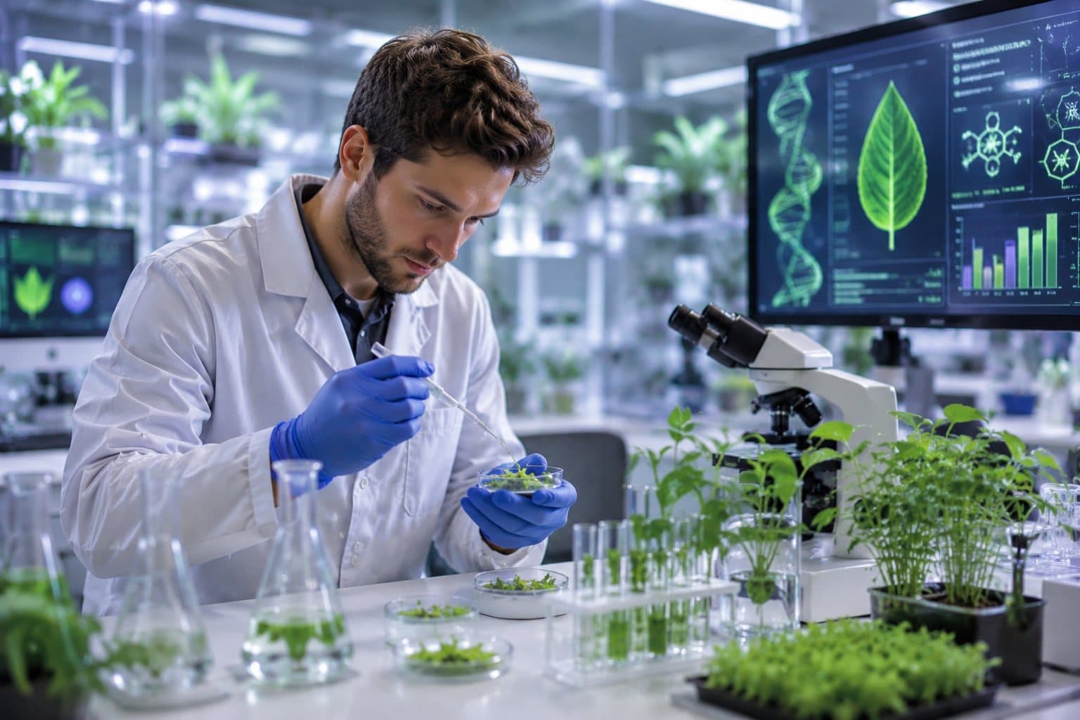 Scientist working with plant samples in a modern biotechnology laboratory