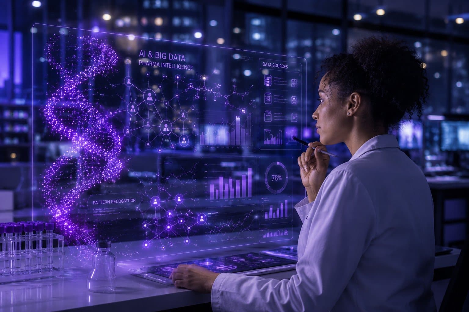 Scientist reviewing sample data on a holographic display next to racks of test tubes
