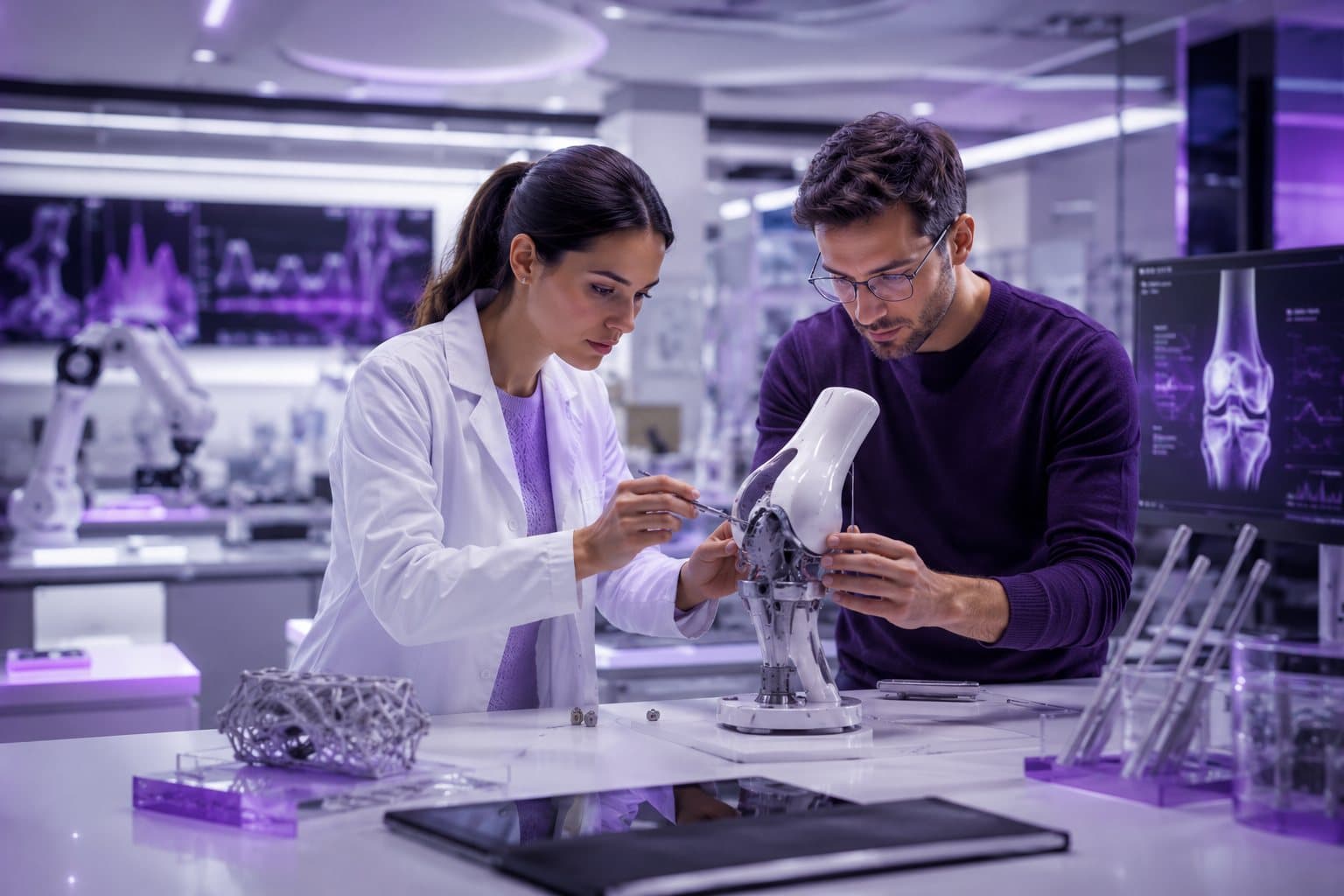 Two engineers examining a robotic knee joint device in a medical technology laboratory